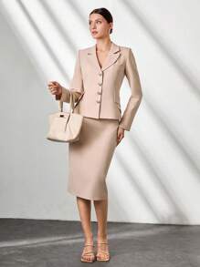 CLARA VERO Woman Solid Color Woven Elegant 2 Pieces Outfits Coords Suit Set Blazer Jacket And Midi Skirt - Beige - View 1