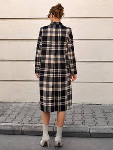 CLARA VERO Woman Check All Over Printed Front Button Up Pockets Long Sleeve Overcoat Lady Autumn Winter Chic Elegant Coat - Multicolor - View 2