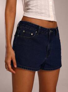 Avantive 女士夏季基本款深蓝色洗水牛仔短裤/装饰皮标/夏季牛仔短裤/可爱/外出/度假/办公室穿着女士牛仔短裤高腰牛仔短裤蓝色牛仔短裤女士牛仔短裤女士 - 深色水洗藍 - 查看 5