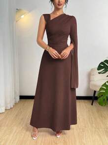 Modelyn Asymmetrical Neck Semi-Sheer Chiffon Waist Gathered Elegant Red Dress Fall Cloth For Women - Coffee - View 4