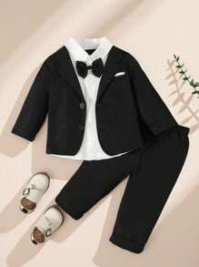 Souflis Souflis Bộ vest nam trang trọng cho bé trai mùa cưới, áo khoác cổ sơ mi 2 trong 1 có nơ + quần, phù hợp cho tiệc sinh nhật thời trang, dạ hội, biểu diễn, đám cưới và lễ kỷ niệm - màu đen - Xem 1