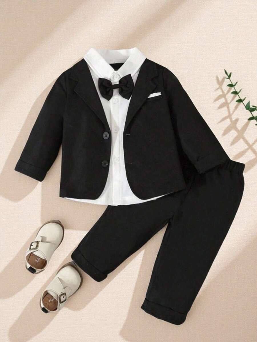 Souflis Souflis Bộ vest nam trang trọng cho bé trai mùa cưới, áo khoác cổ sơ mi 2 trong 1 có nơ + quần, phù hợp cho tiệc sinh nhật thời trang, dạ hội, biểu diễn, đám cưới và lễ kỷ niệm - màu đen - Xem 1