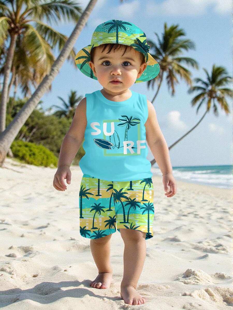 SHEIN Ținută casual minimalistă, moale și confortabilă pentru bebeluși băieți, potrivită pentru primăvară/vară, ținută de plajă pentru bebeluși băieți, ținută de vară pentru bebeluși băieți, ținută de vacanță pentru băieți, ținută de surf pentru băieți, haine de plajă pentru bebeluși băieți, îmbrăcăminte de plajă pentru bebeluși băieți