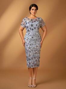 Serin 大码夏秋季优雅华丽灰色亮片刺绣圆领短袖褶皱裹身中长款连衣裙，适合晚宴、约会、音乐节、舞蹈、假日、婚礼、新娘母亲礼服、婚礼宾客礼服，优雅情人节款。 - 灰色 - 查看 7