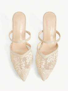 CUCCOO CHICEST Sandalias de tacón alto con punta puntiaguda y encaje de red para mujer, bombas beige sexy con tiras y sin espalda para fiestas/bodas