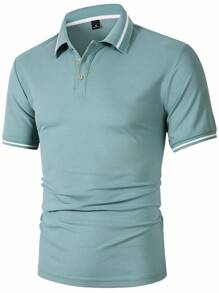 Calvornis 男士休闲撞色短袖Polo衫，夏季款，浅灰绿色面料搭配白色条纹纹理衣领，清新又不失沉稳。面料柔软透气，舒适优质，商务正装风格，复古时尚 - 綠色 - 查看 7