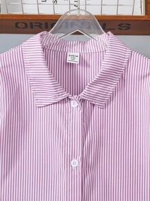 1pc Teen Girl Casual Striped Long Sleeve Long Shirt Shirts For Girls - Pink - View 3