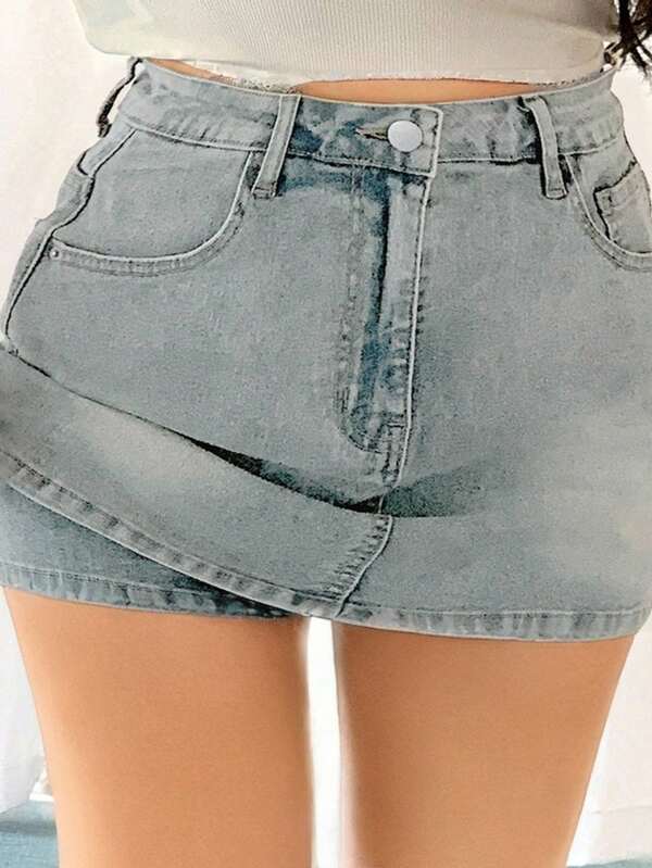 Dazy Plus Gewassen, versleten, nauwsluitende, wikkelrok met korte denim details, lente/zomer