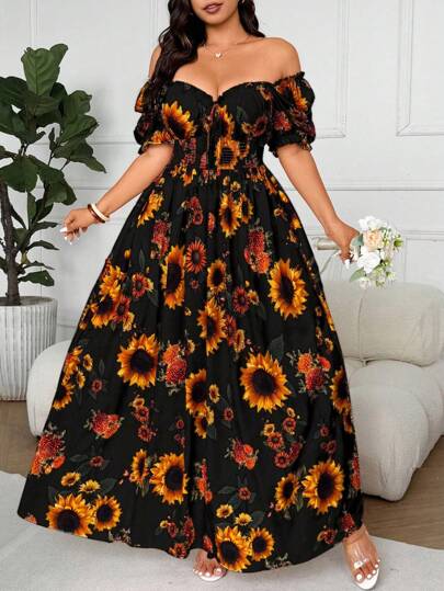 Sunspun Plus Size Women Vacation Sunflower Print One Shoulder Empire Waist Elegant Dress