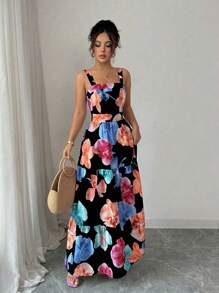 Elenzga Đầm suông hở eo họa tiết hoa dành cho nữ mặc đi nghỉ, đi làm và mặc hàng ngày - màu đen - Xem 5