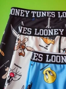 LOONEY TUNES X SHEIN 男士三件套卡通字母印花平角内裤 - 黑與白 - 查看 4