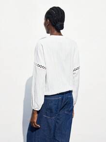Maija 2025 Modern Elegant Notched Collar Bow-Tie Design Drop Shoulder Long Sleeve Oversized Women's Textured Shirt, Suitable For Early Autumn Back To School Season,4th Of July Women,Country Concert,Vintage,Teacher,Butter Yellow Top,Party,Cut-Out,Splicing/Panel/Patchwork Eyelet Blouse Eyelet Top Women Summer White Hollow Out Blouse - White - View 4