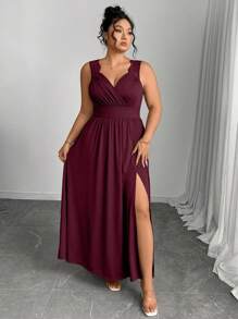 SHEIN Elenzya 加大码 V 领撞色蕾丝细肩带 A 字开衩连衣裙 - 酒紅色 - 查看 3