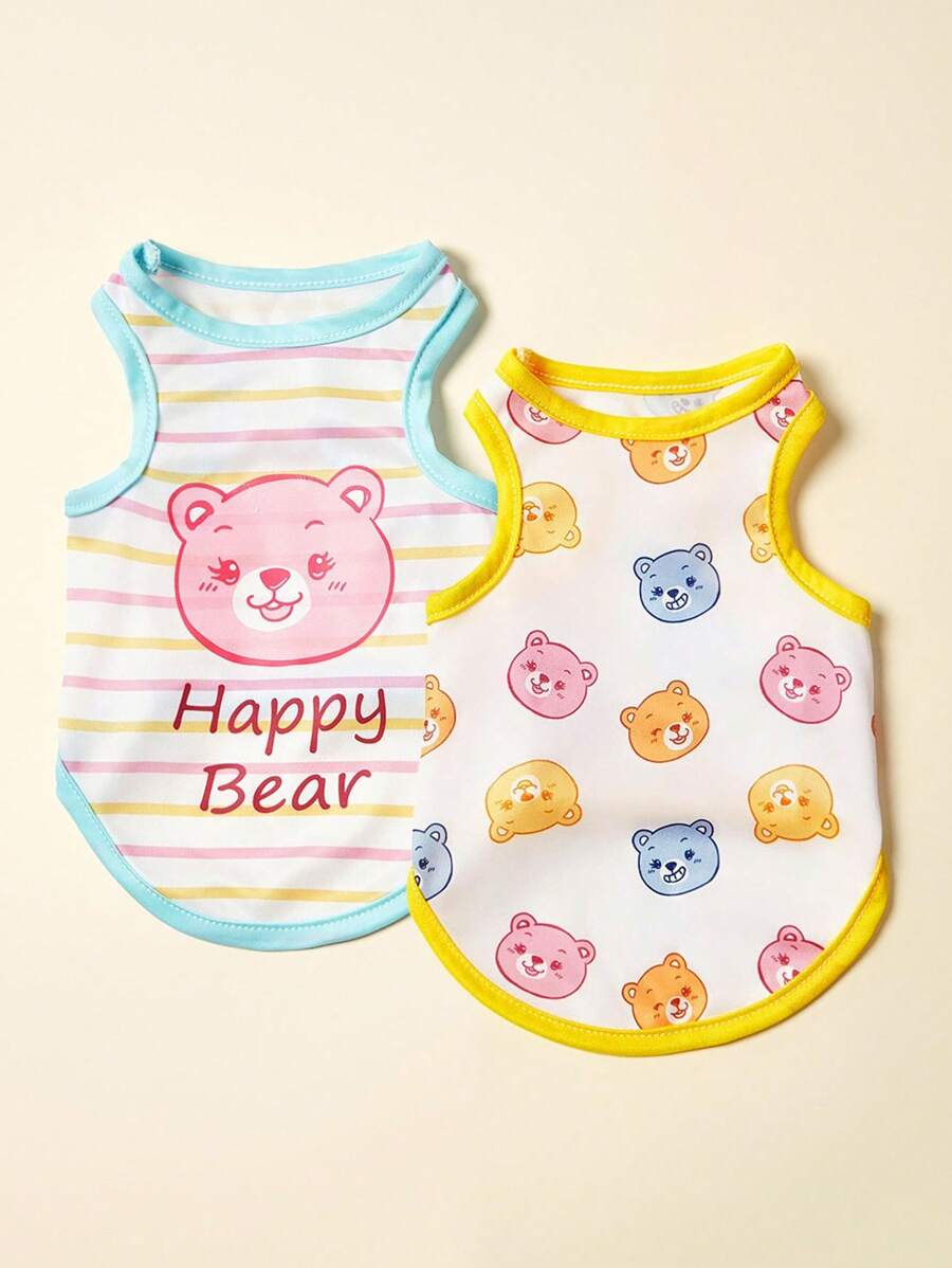 PETSIN 2 件套宠物猫狗通用彩色泰迪熊可爱卡通时尚印花休闲舒适透气狗背心 - 彩色 - 查看 1