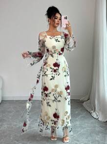 Elenzga Women's Square Neck Sheer Floral Embroidered Elegant Dress, Suitable For Gatherings And Formal Occasions, Spring/Summer Resort Wear (Random Embroidery) Fall Cloth For Women