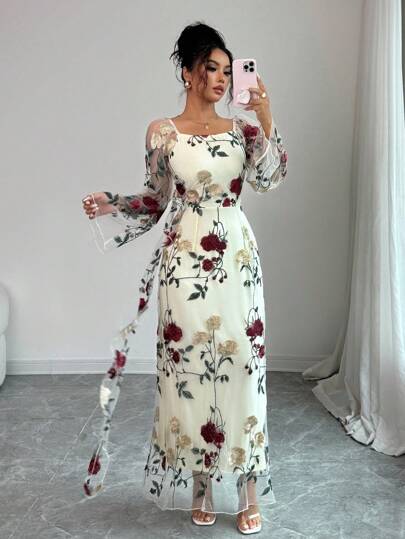 Elenzga 女士方领透明花卉刺绣优雅连衣裙，适合聚会和正式场合，春夏度假装（随机刺绣）