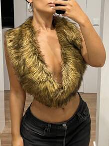 SHEIN ICON 女式时尚性感露背仿皮草上衣秋季女装