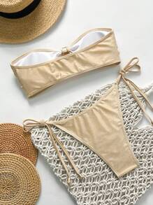 Swim Chiccia Champagne & Apricot Color Metallic Sheen Fabric Elegant Strapless Crop Top & Bikini Set For Summer Beach Vacation - Champagne - View 2