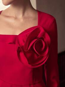 ZEYLAH 优雅长款花卉印花腰带长袖连衣裙，秋冬 - 紅色 - 查看 2