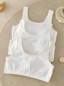 Genkimix Kids 3 Pieces Set Girl's Solid White Casual Simple Cotton Comfortable Soft Padded Bras,Wide Strap Vest,Suitable For Girls Aged 8-12,Back To School Fall Winter - White - View 2