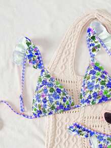 Swim Mod Women'sSimple Floral Print Beach Triangle Bikini Set For Summer Beach Vacation - Multicolor - View 4