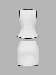 SHEIN MOD Square Neck Decorated Pocket Elegant White Outfit - White - View 2