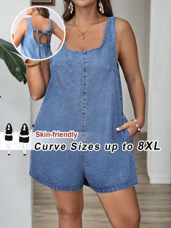 SHEIN CURVE+ 夏季大码女式休闲无袖牛仔连体裤（带后背缝）
