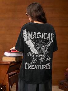 HARRY POTTER X SHEIN 女士休闲街头风格宽松动物和字母印花落肩水洗 T 恤，不含领带衬衫 - 黑色 - 查看 6