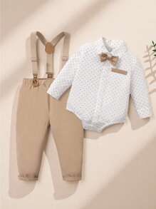 Souflis Souflis 2 pezzi Outfit da gentleman per bambino maschio con camicia a pois, farfallino e salopette, adatto per occasioni casual, eleganti, compleanni, Ognissanti, Natale