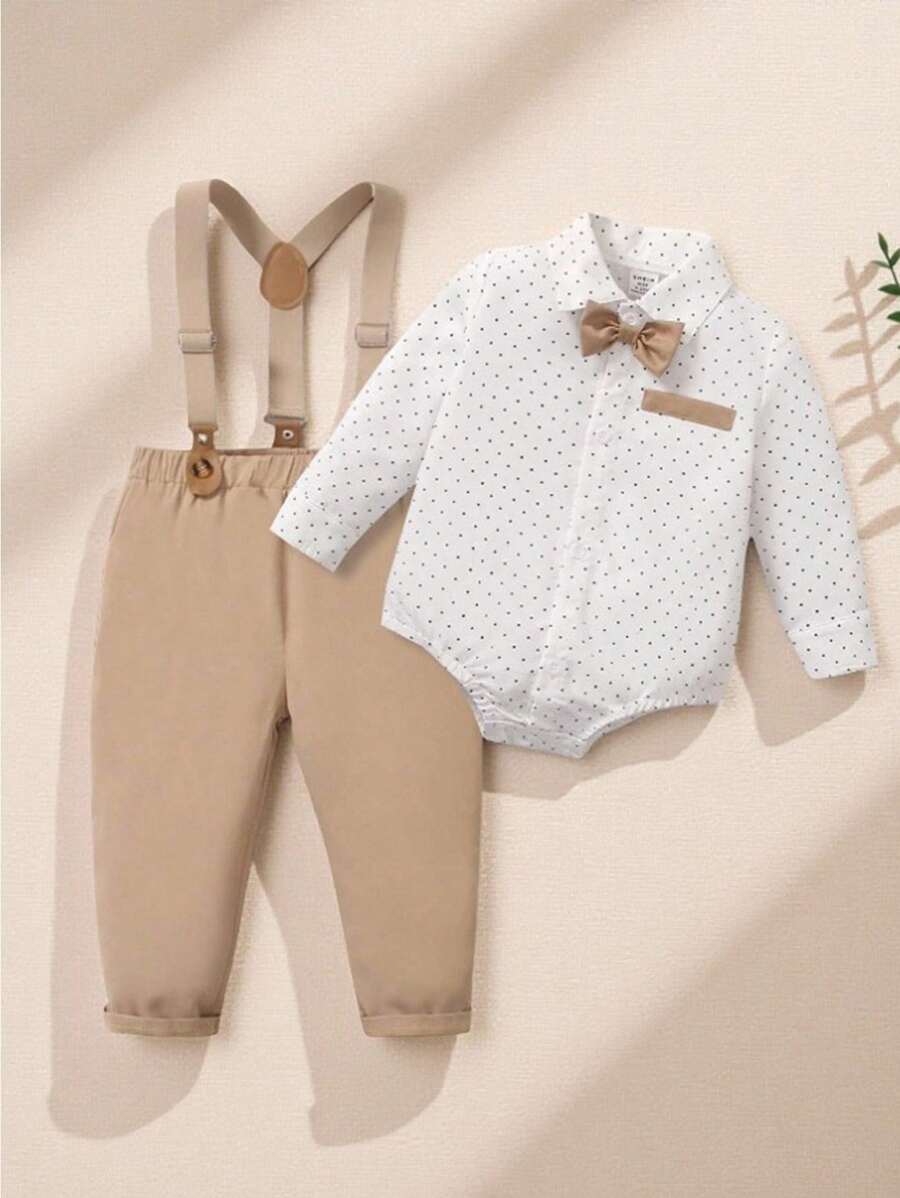 Souflis Souflis 2 pezzi Outfit da gentleman per bambino maschio con camicia a pois, farfallino e salopette, adatto per occasioni casual, eleganti, compleanni, Ognissanti, Natale