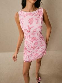 Poéselle 女士优雅亮片花卉刺绣迷你连衣裙，夏季 - 粉色 - 查看 7