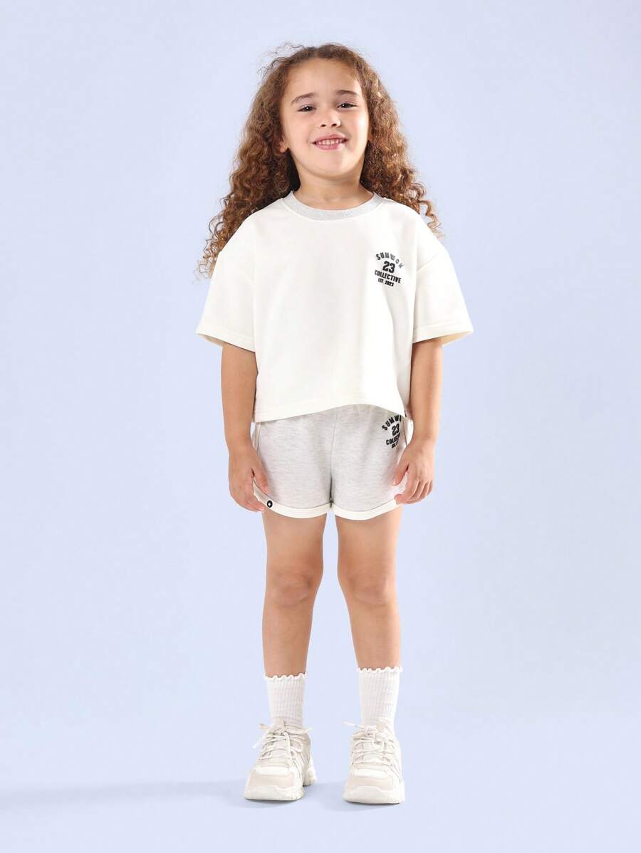 SUMWON Letnia kolekcja Varsity Style Sport Inspired Boxy Crop Top Sportowe spodenki Elastyczna talia Dwuczęściowy młodzieżowy zestaw - Szary - Zobacz 1