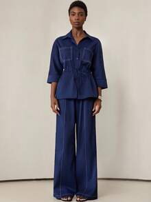 Aveloria Modichic 女士夏季两件套休闲宽松收腰设计 V 领 3/4 袖上衣搭配长裤套装 - 藏蓝色 - 查看 3