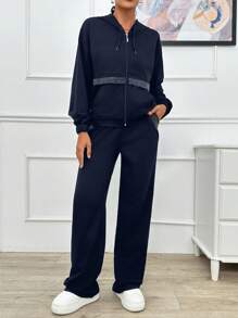 EURMUSE TWO PIECES TWO THREAD HOODIE SWEATHIRT AND SWEATPAT WITH SPARKLE STONE DETAIL - Navy Blue - View 7