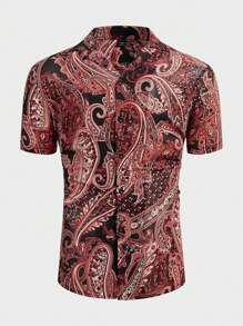 FeverCity Men's Casual Vacation Paisley Print Shirt - Brown - View 1