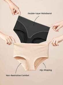 LUVLETTE 2-Pack Airy Cotton Basic Mid Waist Briefs Waist Tummy Control Women Underwear Panties Set Black Panties Nude Panties - Multicolor - View 7