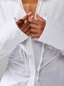 MISSGUIDED Classic White Button Down Office Blouse Professional Ruched Waist Tie Cuff Work Business Formal Collar Long Sleeve Smart Casual Career Top - White - View 6