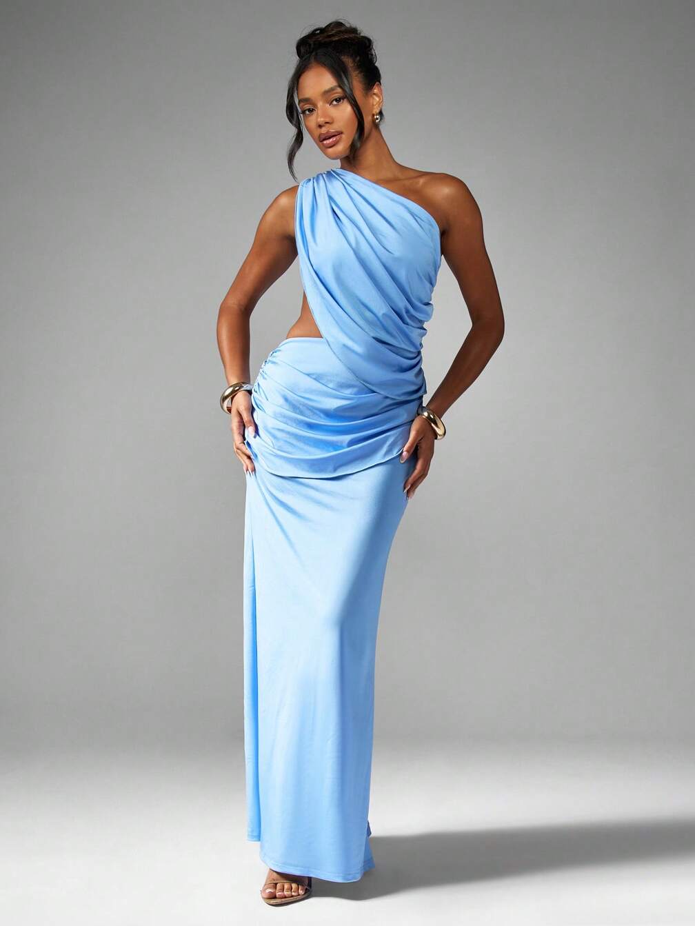 missguided one shoulder maxi dress MISSGUIDED Metal Ring Detail Satin Flowy One-Shoulder Maxi DressMISSGUIDED
