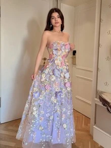 Selianne 最新设计浪漫优雅紫色花卉刺绣薄纱腰部收紧无袖连衣裙，适合春夏季 - 淡紫色 - 查看 6