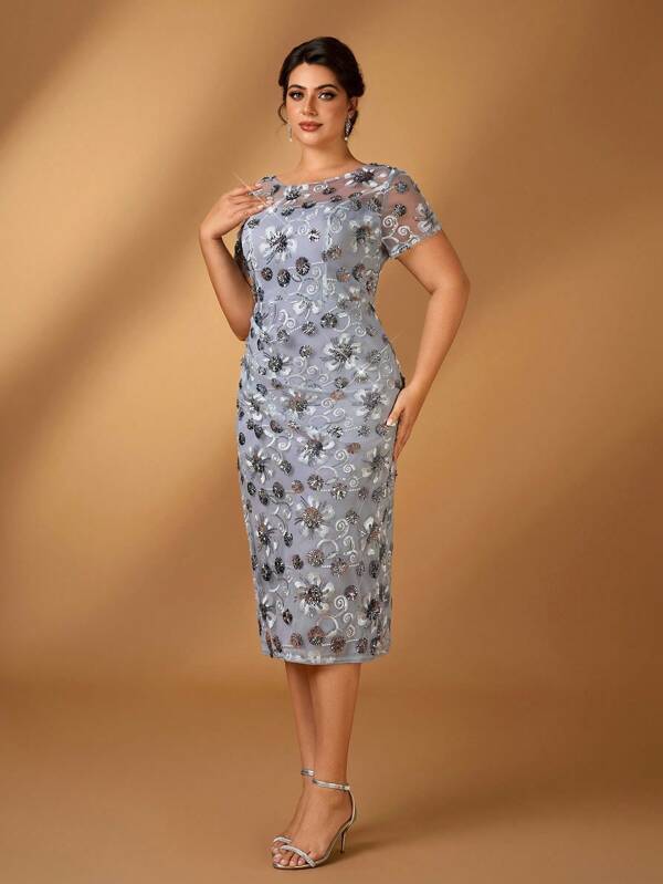 Serin Plus Size Spring/Summer Elegant Luxurious Gray Sequins Embroidered Round Neck Short Sleeve Ruched Midi Dress, Suitable For Evening Parties, Dates, Music Festivals, Balls, Vacations, Weddings, Ideal For Mother Of The Bride