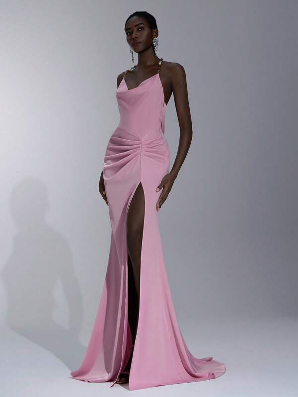 Elitara Elegante, luxueuze, sexy, rugloze, elastische, geplooide satijnen maxi-jurk met parelketting, geschikt voor bruiloften, singlesfeesten, vakanties, formele evenementen en soirees.