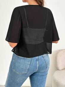 SHEIN Essnce 大码女装春夏时尚休闲宽松舒适透气清凉日常透视雪纺黑色短袖开衫、防晒外套、黑色上衣、巡航装女装、外出上衣 - 黑色 - 查看 2