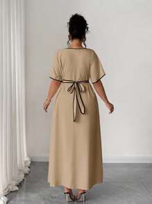 Elenzga 大码女式优雅 V 领前扣系腰撞色休闲连衣裙