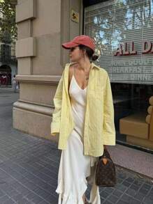 Plus Size Women Striped Drop Shoulder Long Sleeve Single Breasted Casual Office Shirt