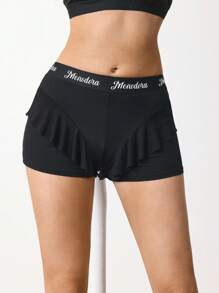 Menodora SHEIN Sport 女式字母印花拼接荷叶边下摆运动短裤 - 黑色 - 查看 5