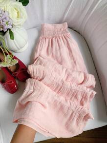 Comfortcana Women's Solid Color High Waist Gathered Pleated Wide Leg Loose Pants, Fall Women Clothes - Pink - View 1