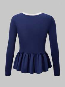 青少年女孩休闲数字印花长袖上衣，适合返校季、春秋季节 - 藍色 - 查看 2