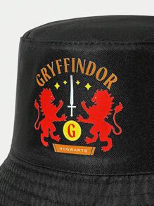 HARRY POTTER X SHEIN 双面字母与狮子印花黑色休闲渔夫帽 - 黑色 - 查看 3