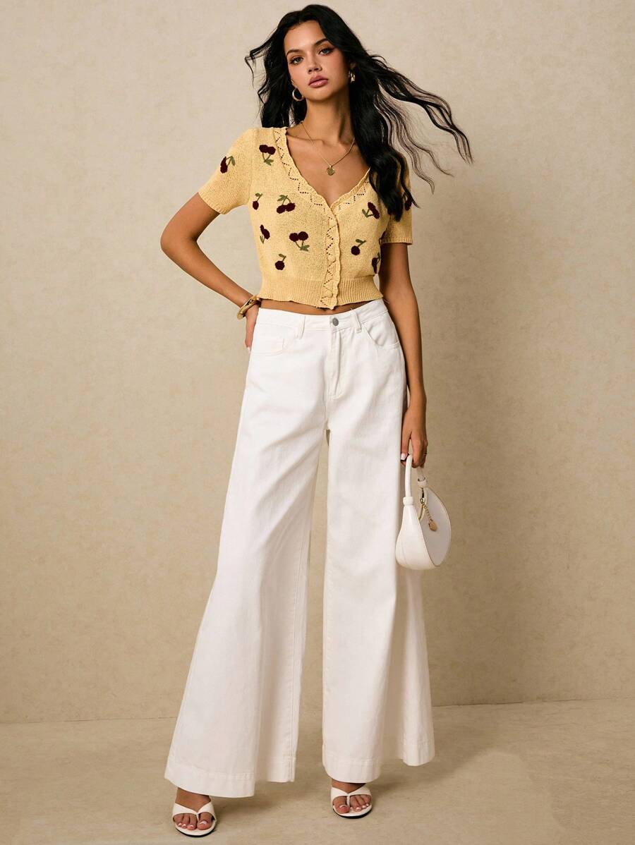 Poéselle 女式樱桃图案短袖单排扣休闲开衫 - 杏色 - 查看 1