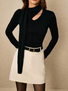 Poéselle Elegant Cut Out Long Sleeve Knit Top With Scarf – Chic Slim Fit Pullover,Long Sleeve Knit Top,Black Elegant Sweater,Scarf Detail Top,Minimalist Fashion Top In Fall/Winter - Black - View 5